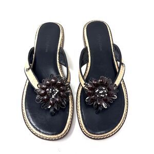 Brighton Orchid Leather Rafia Thong Sandals Womens Sz 8.5 Brown Flower Flip Flop